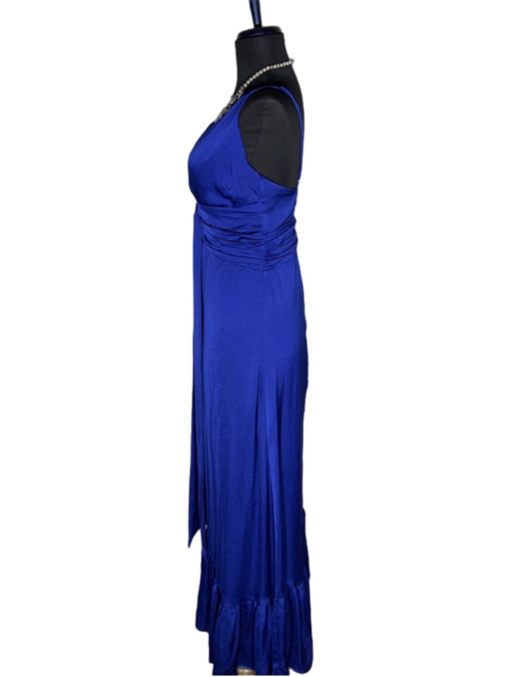 Minuet royal blue cocktail maxi dress fit flare ruched waist low sexy back sz L - Picture 4 of 14